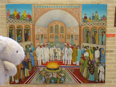 Painting of a fire temple on display at Markar Museum in Yazd
